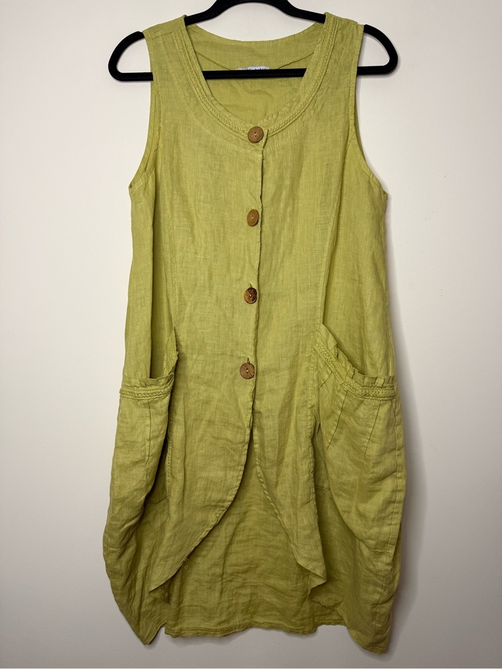 TEMPO PARIS Lagenlook 100% Linen Chunky Button Green Summer Sleeveless Dress